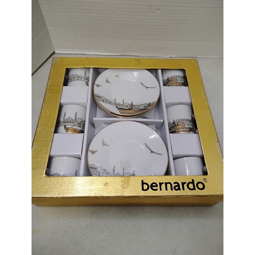Bernardo Fine Porcelain Turkish Coffee 6 Cups 6 Saucers Skyline Birds Gold Tea